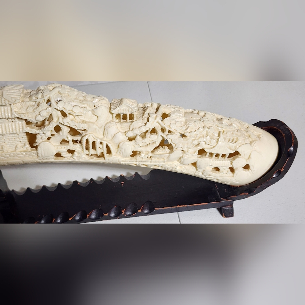 Vintage 31" Chinese Faux Ivory Carved Tusk Landscape Pagodas Mid-Century - Picture 7 of 16